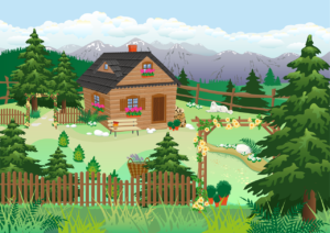 graphic of a home in the mountains with a dog